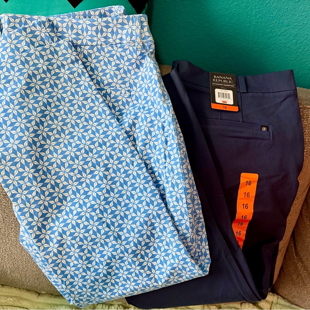 Banana Republic Solid Navy and Costco Patterned Blue Capris Both for &14.  New.